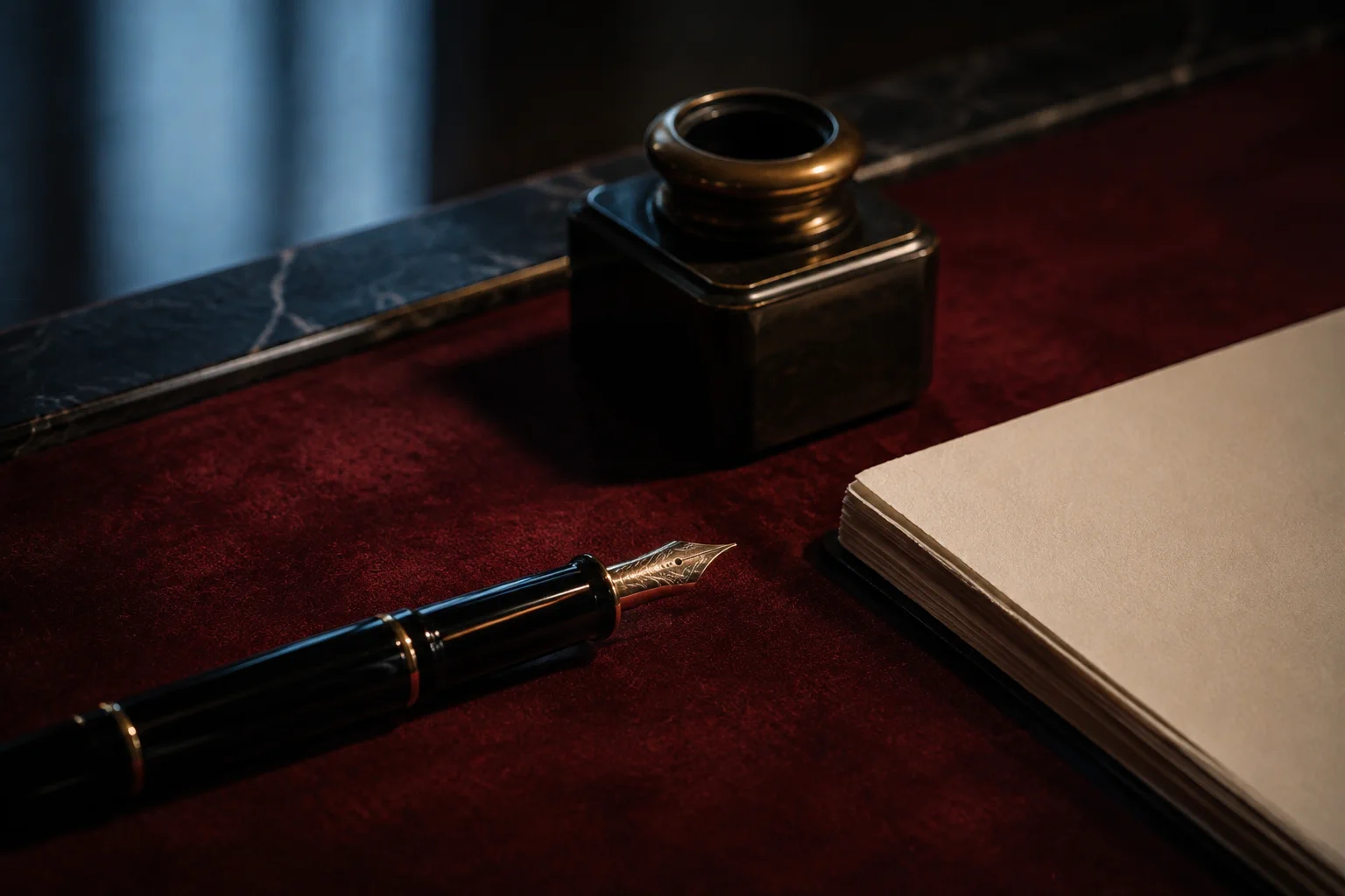 An elegant writing desk with a fountain pen, ink, and open notebook