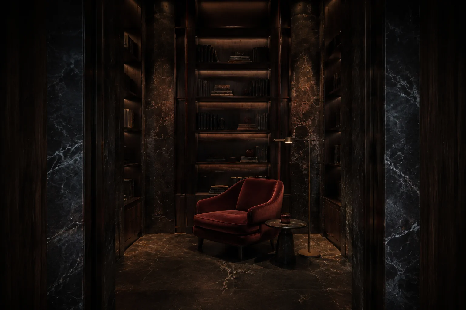 A quiet library with a velvet chair and warm lamplight