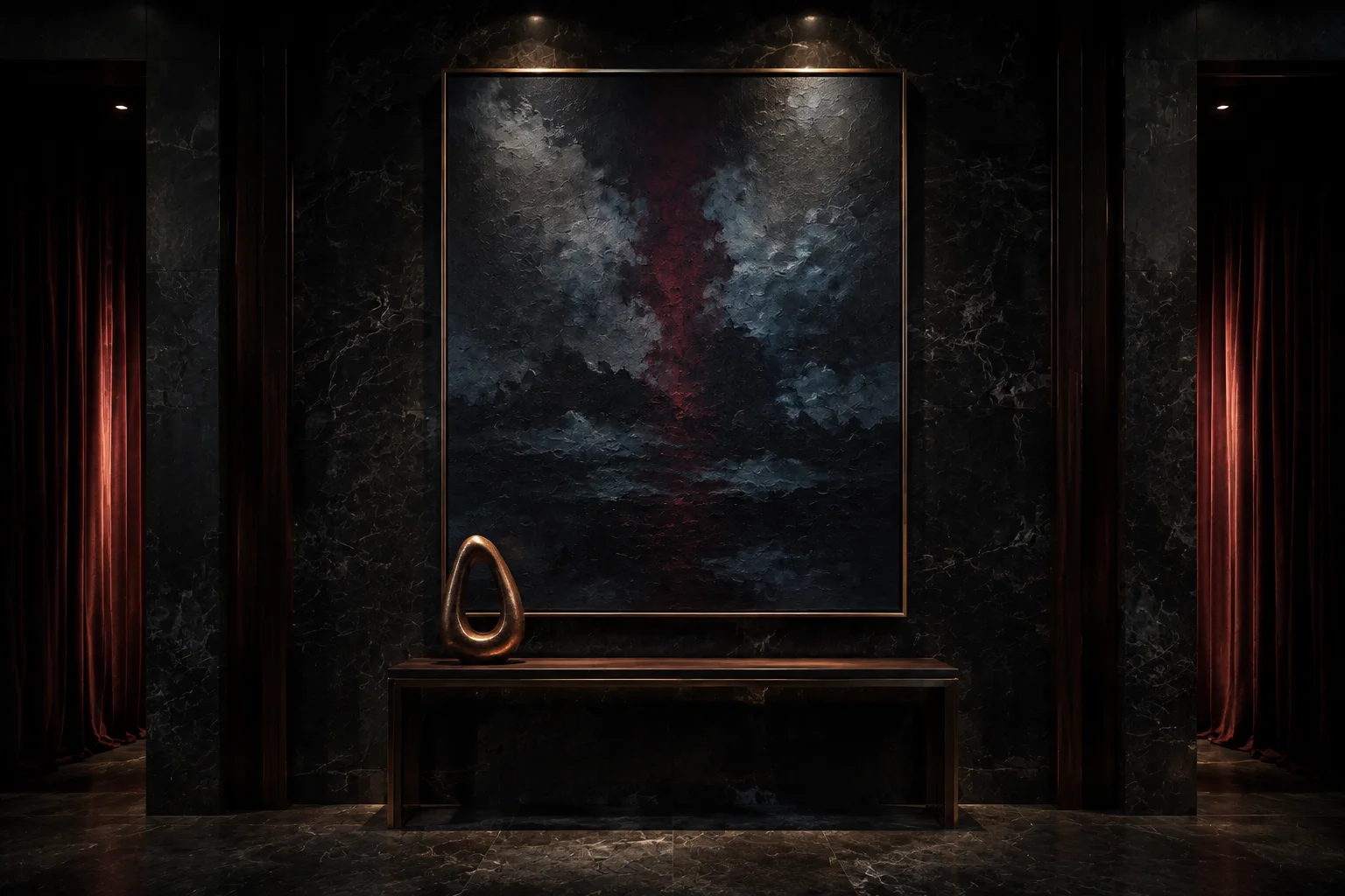 A dark gallery with a luminous abstract artwork framed by velvet curtains