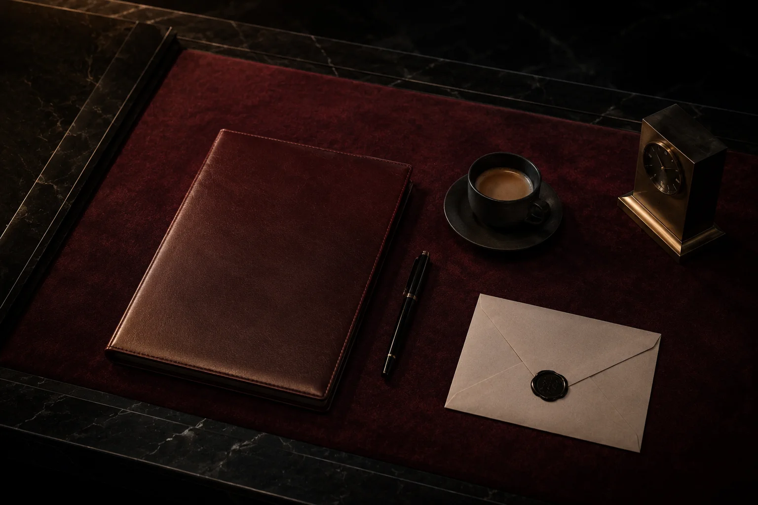 A leather planning folio, pen, coffee, and sealed envelope on a dark desk