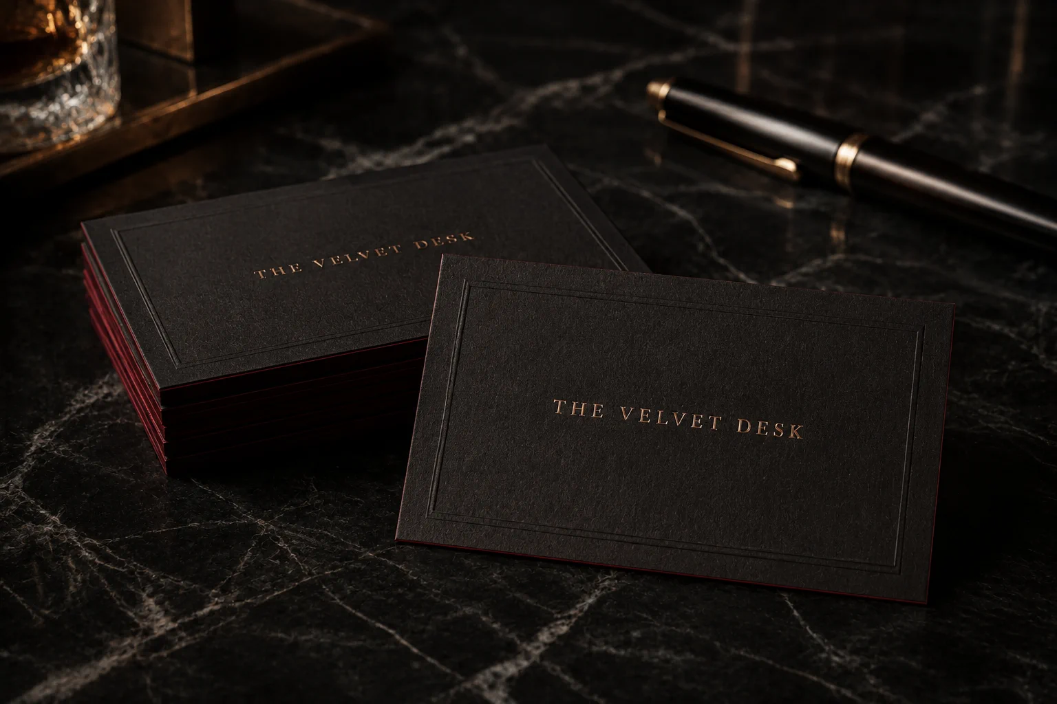 Black and burgundy letterpress cards for The Velvet Desk on a marble surface