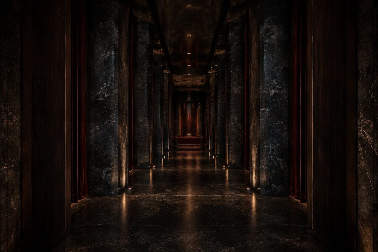 A dramatic architectural hallway leading toward a red-lit room