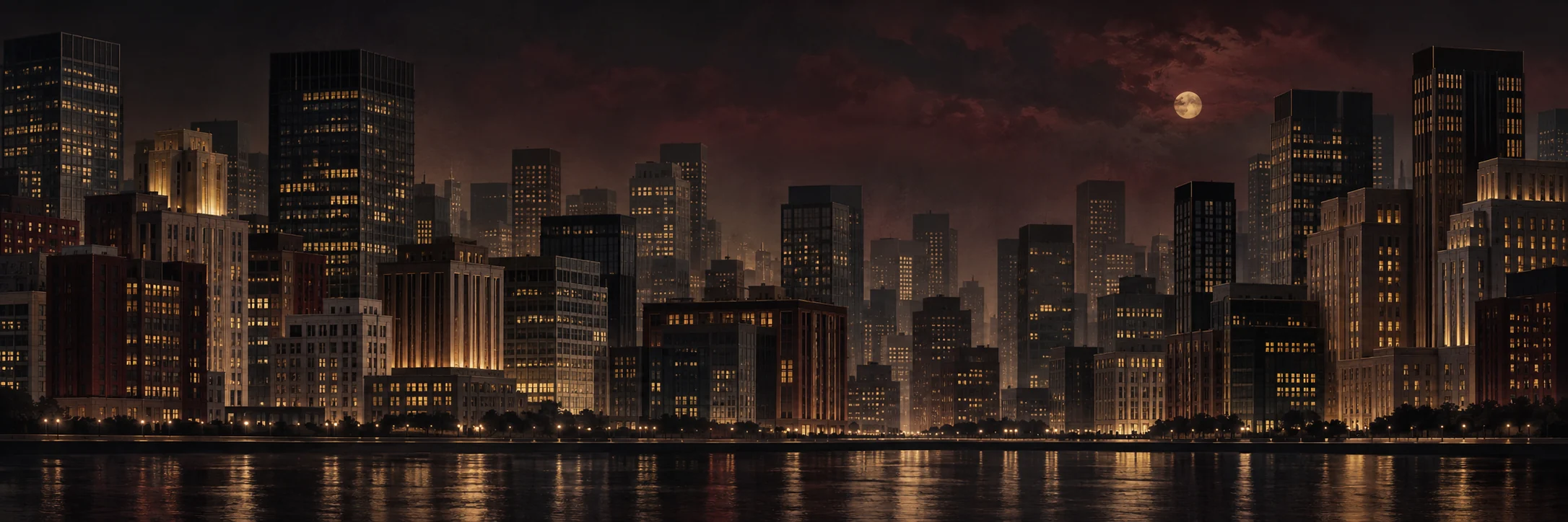 An illustrated city skyline at night